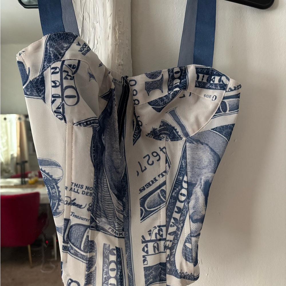 Blue and White Money Print Corset Top